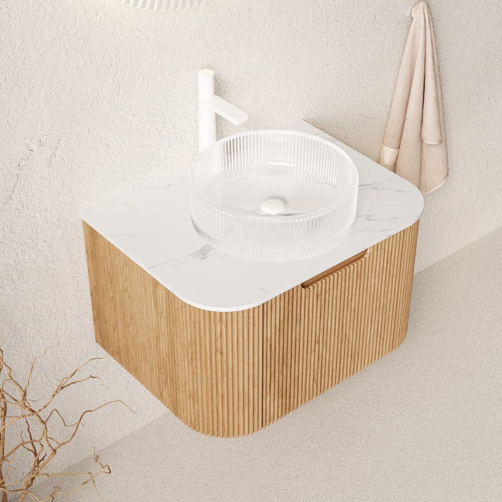 Mobile sottolavabo sospeso con lavabo rotondo in vetro trasparente e cassetto con chiusura ammortizzata per bagno