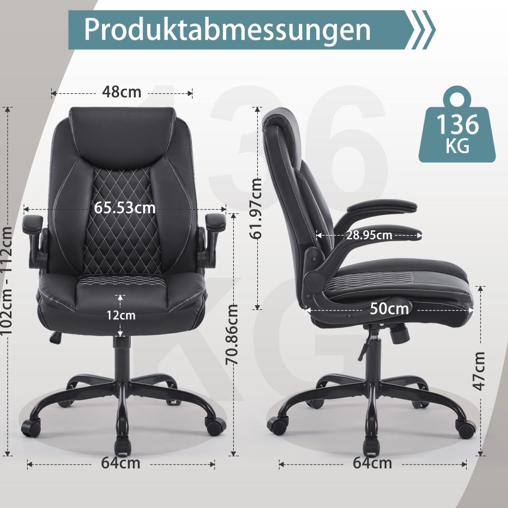 Sedia da ufficio ergonomica in similpelle nera con supporto lombare e braccioli ribaltabili