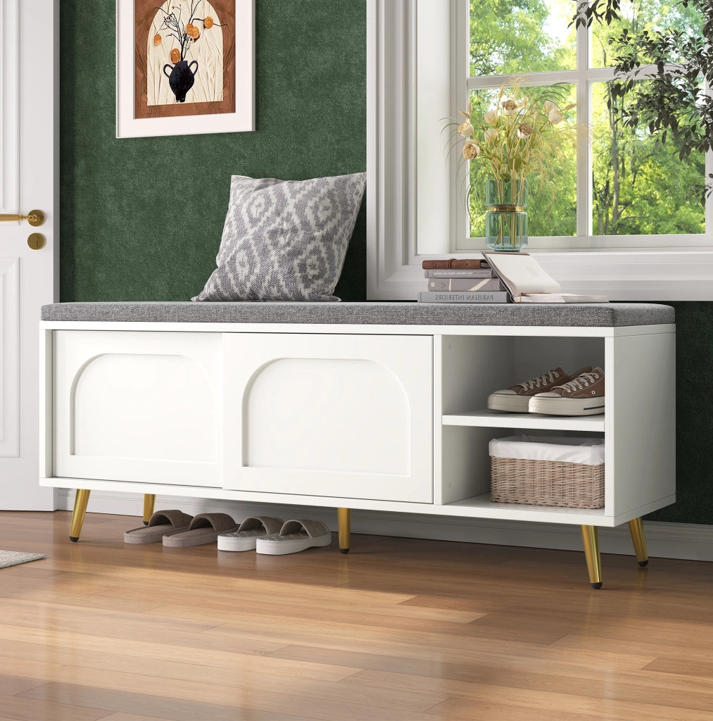 Panca Scarpiera con Cuscino Bianco 121x35x49 cm con Ampio Spazio di Archiviazione e Sicurezza Antiribaltamento