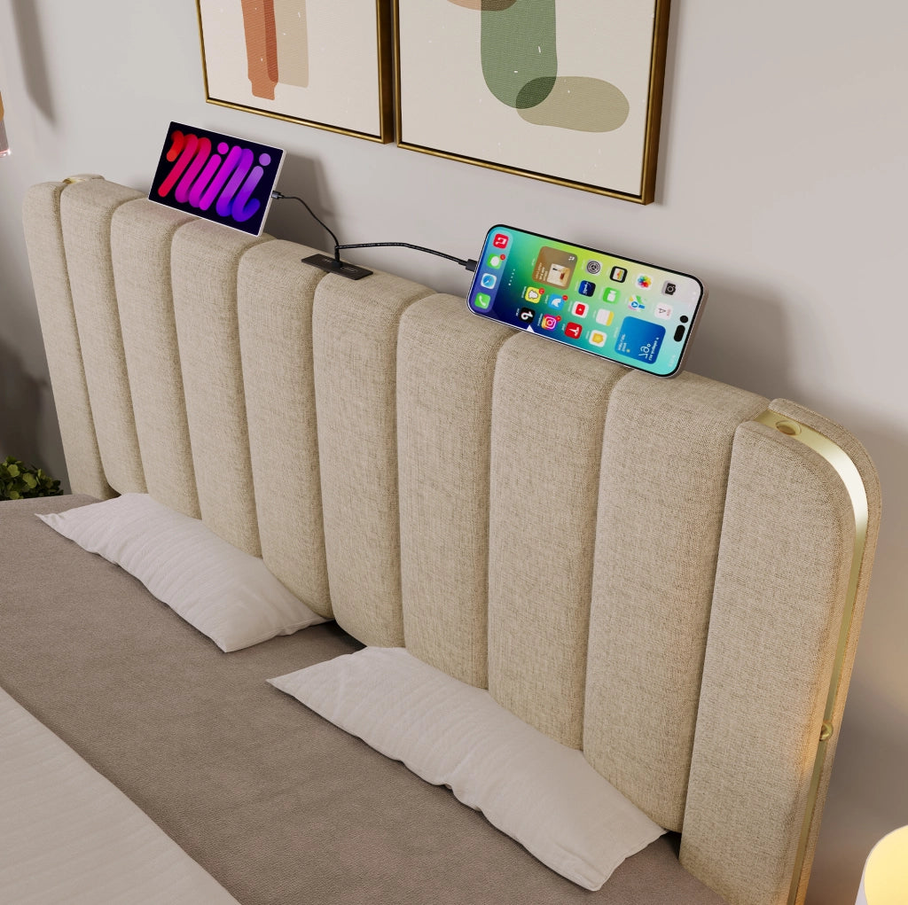 Letto imbottito 140x200 cm beige con materasso H3, 4 cassetti, USB e Type-C