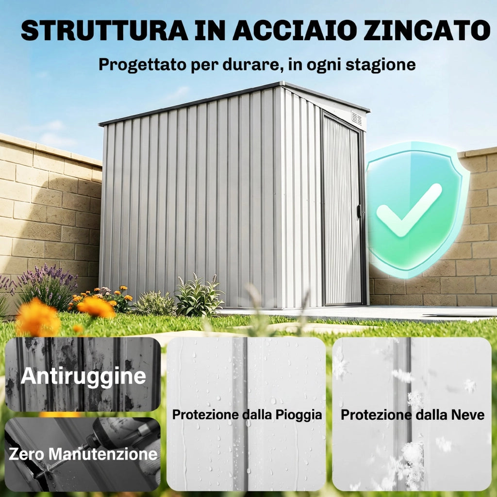 Capanno Attrezzi Giardino ¨C Xylo ¨C Metallo Bianco 1.5x2m con Base e Porta Scorrevole
