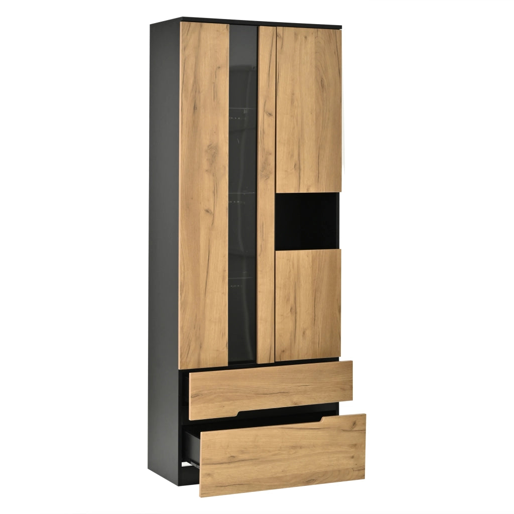 Vetrina con LED, 3 ante, 2 cassetti e vano aperto, per soggiorno, in MDF e vetro, naturale e nero, 70 × 35 × 180 cm