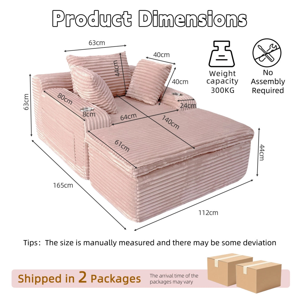 Divano letto moderno senza scheletro con chaise longue in velluto rosa, 3 cuscini e coperta inclusi, senza montaggio