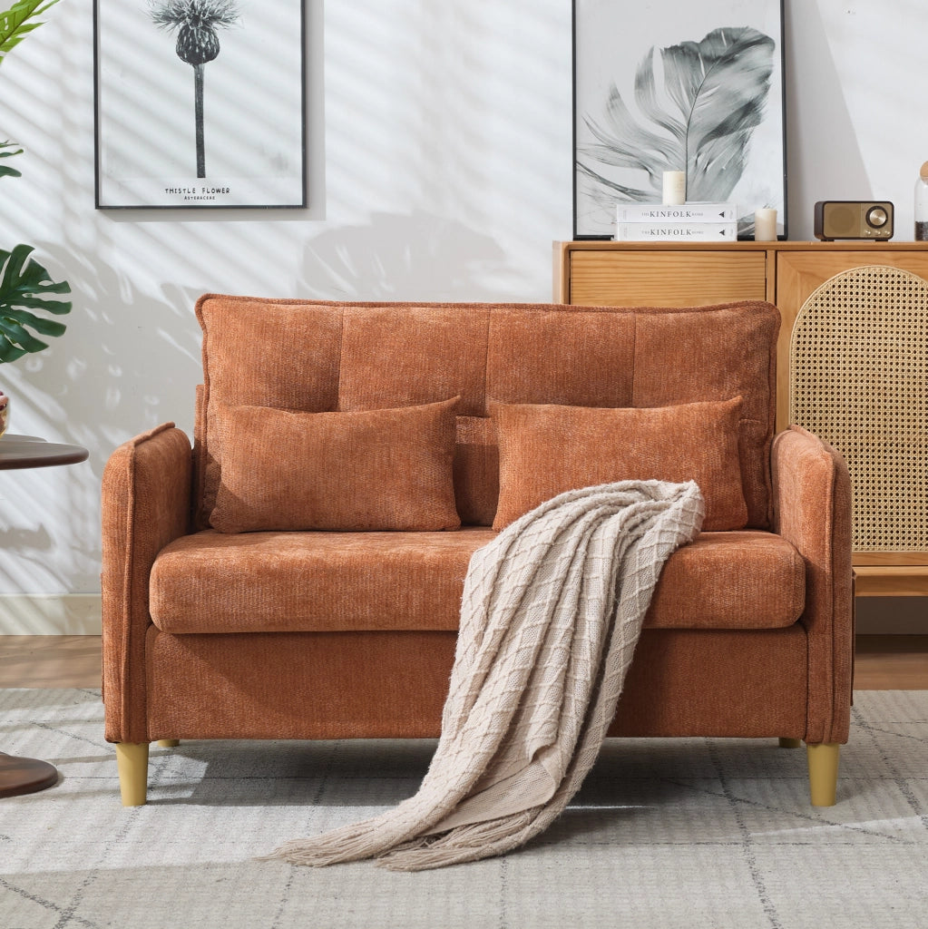 Divano a 2 posti in tessuto Chenille marrone, 127 cm, con braccioli, tasche laterali e cuscini inclusi