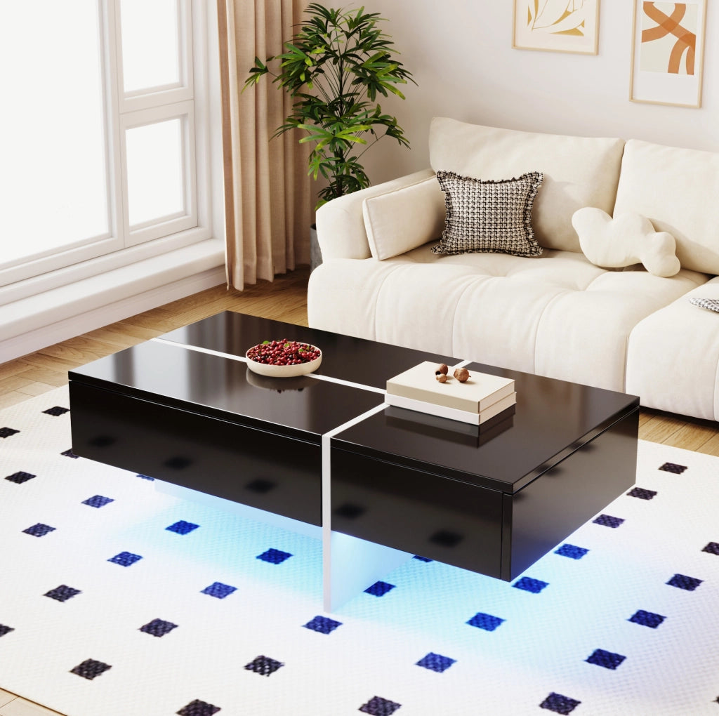 Tavolino da caffè nero e bianco a effetto lucido con illuminazione LED controllata via app, 100x50x34,5 cm
