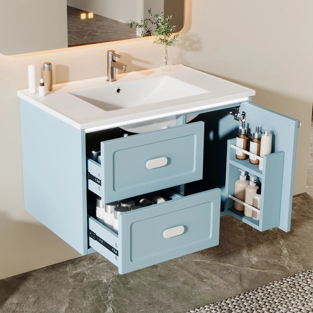 Mobile Bagno Sospeso con Lavabo Integrato e LED ¨C Xylo ¨C Blu, 2 Cassetti, 76x46x51 cm