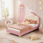 Letto singolo 90 × 200 cm con testiera imbottita LED multicolore fiocco rosa rete a doghe PU rosa e bianco per cameretta