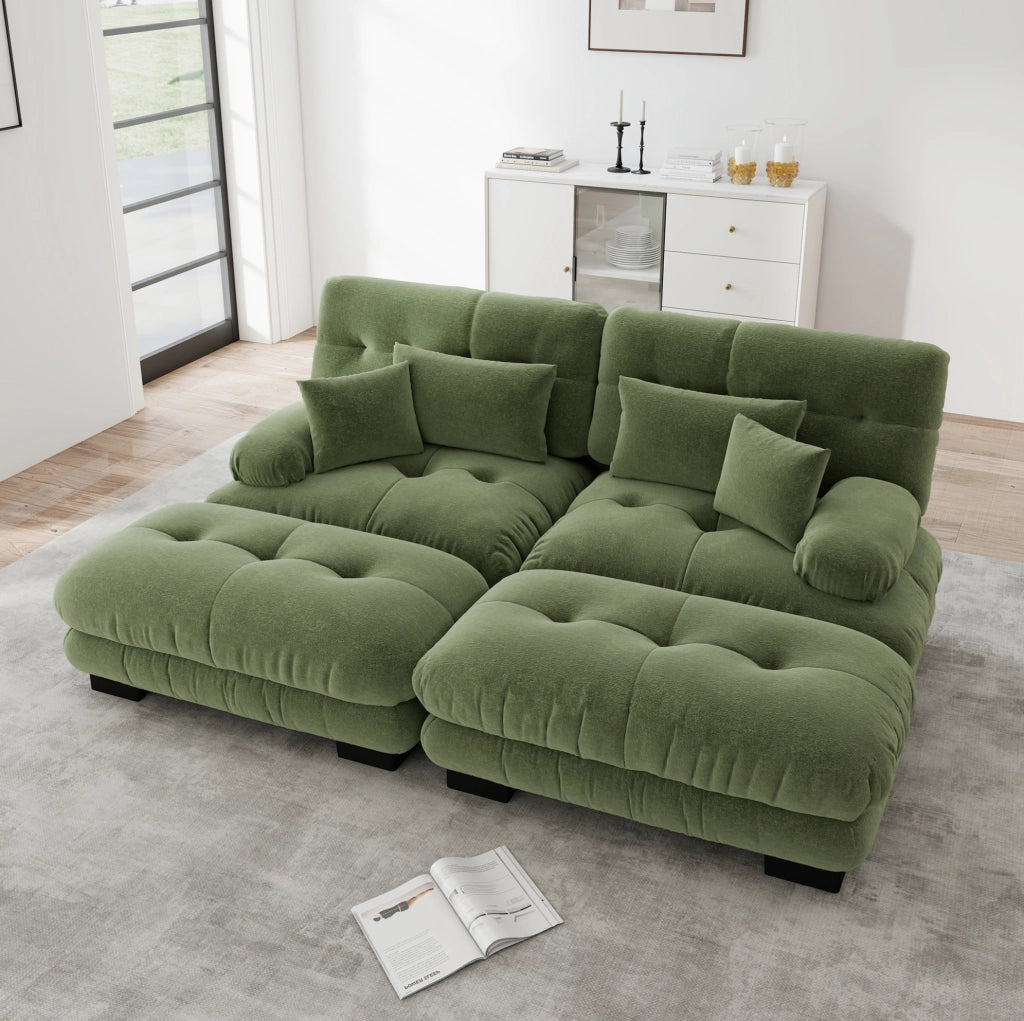 Divano angolare in chenille verde con 2 cuscini lombari, 2 cuscini decorativi e 2 pouf