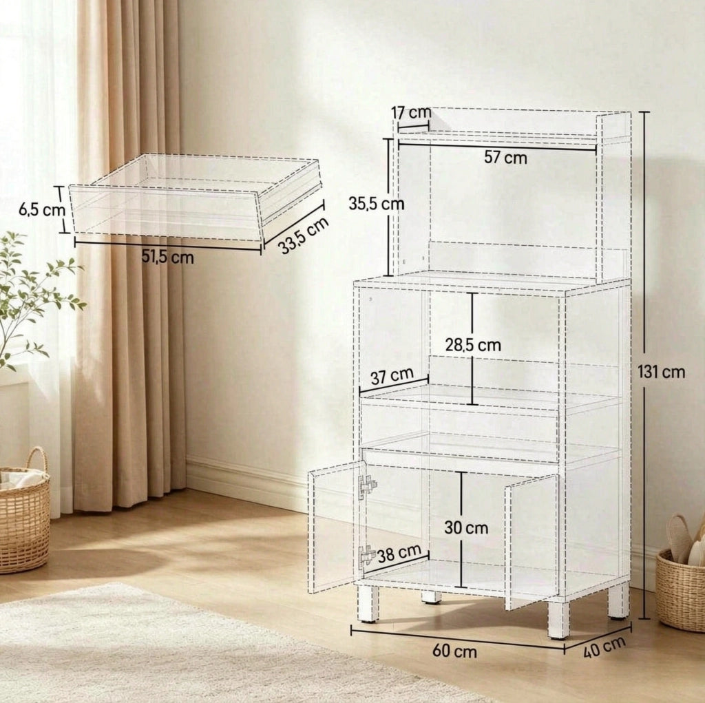 Mobiletto con ripiani e vano microonde in truciolato bianco e rovere, 60x40x131 cm