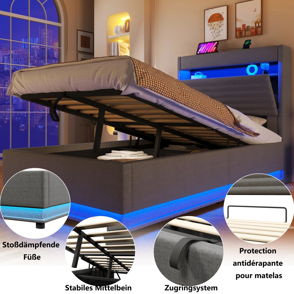 Letto contenitore 90 × 200 cm con LED; USB e porta Type-C; testiera imbottita in lino grigio