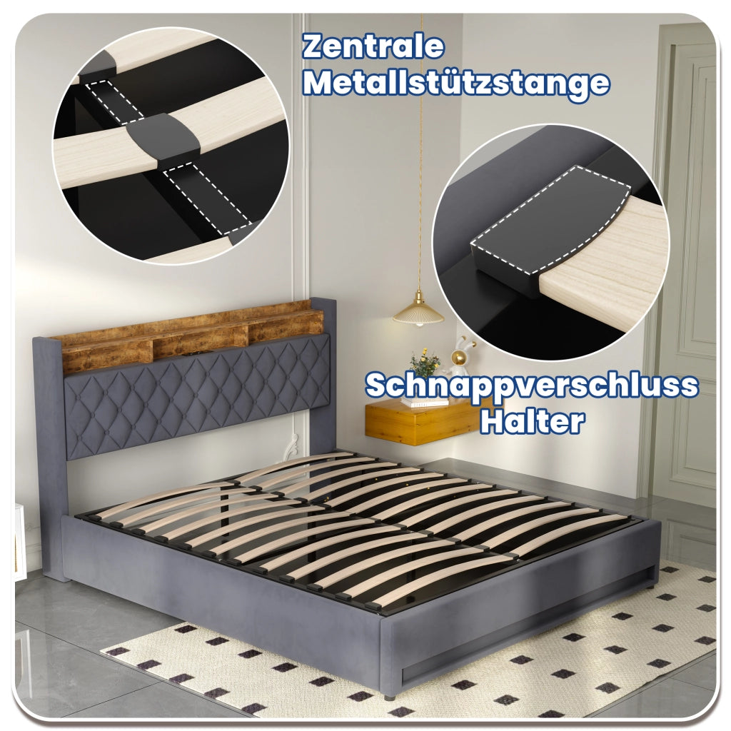 Letto contenitore 180x200 cm; LED RGB; porta USB; testiera imbottita; vano contenitore; mensola; velluto grigio; materasso escluso