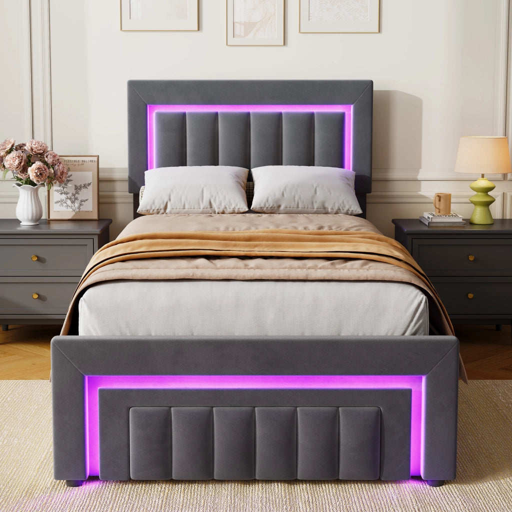 Letto imbottito grigio 90x200 cm con contenitore idraulico, LED e cassetto