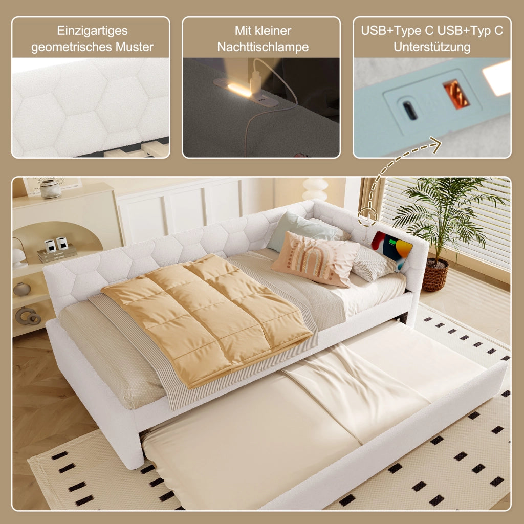Letto con letto estraibile 90 × 200 cm con USB Type-C e lampada da comodino rivestito in bouclé bianco