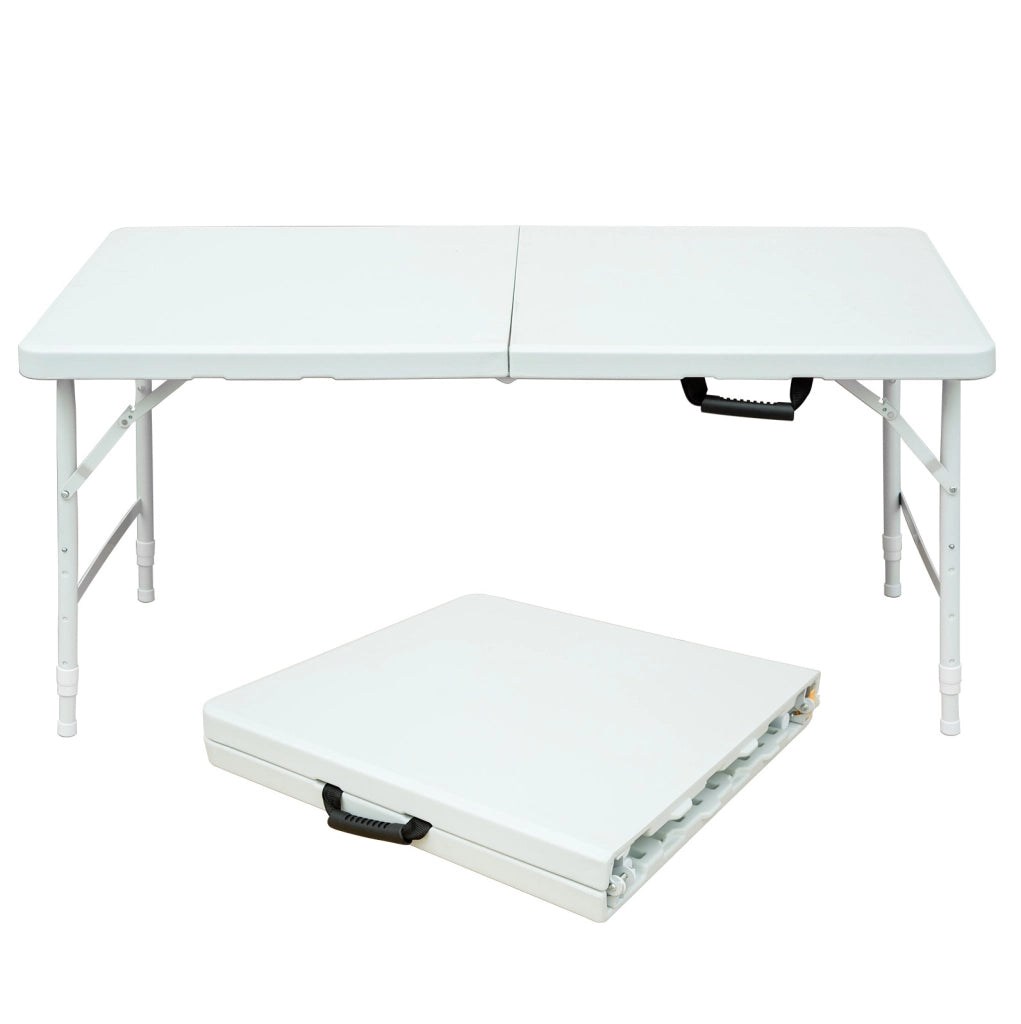 Tavolo Pieghevole Portatile 125 cm con Altezza Regolabile, Telaio in Acciaio, Capacità 135 kg, Bianco