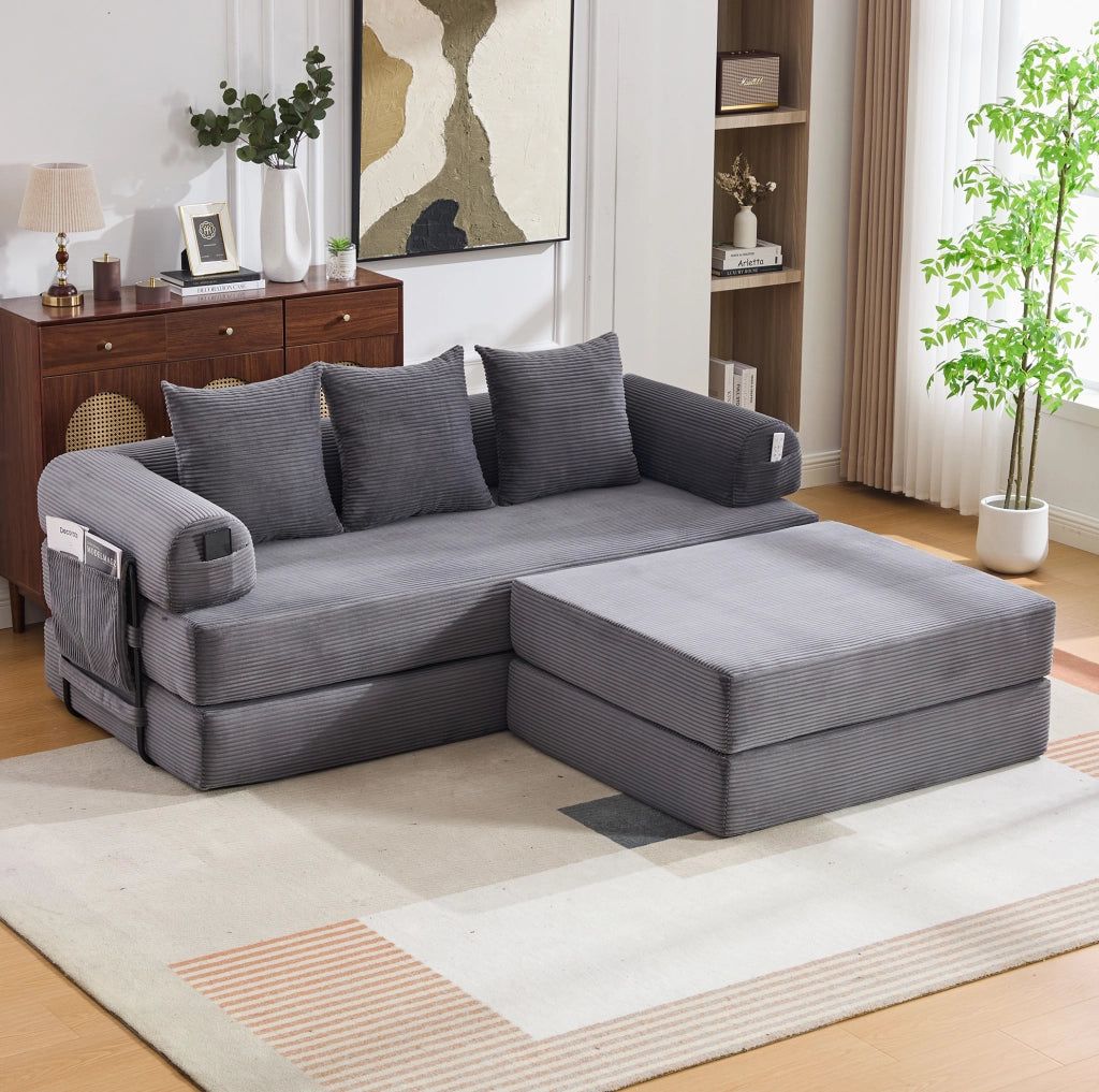 Sofa modulare in velluto a coste con pouf; tasca laterale e 3 cuscini; grigio scuro