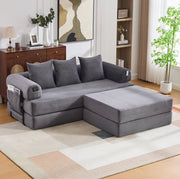 Sofa modulare in velluto a coste con pouf; tasca laterale e 3 cuscini; grigio scuro