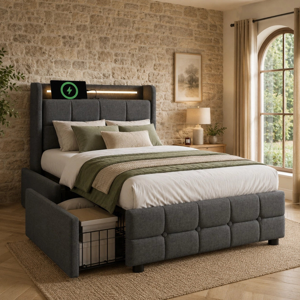 Letto con cassetti 90 × 200 cm con LED prese USB e due cassetti laterali struttura in metallo grigio