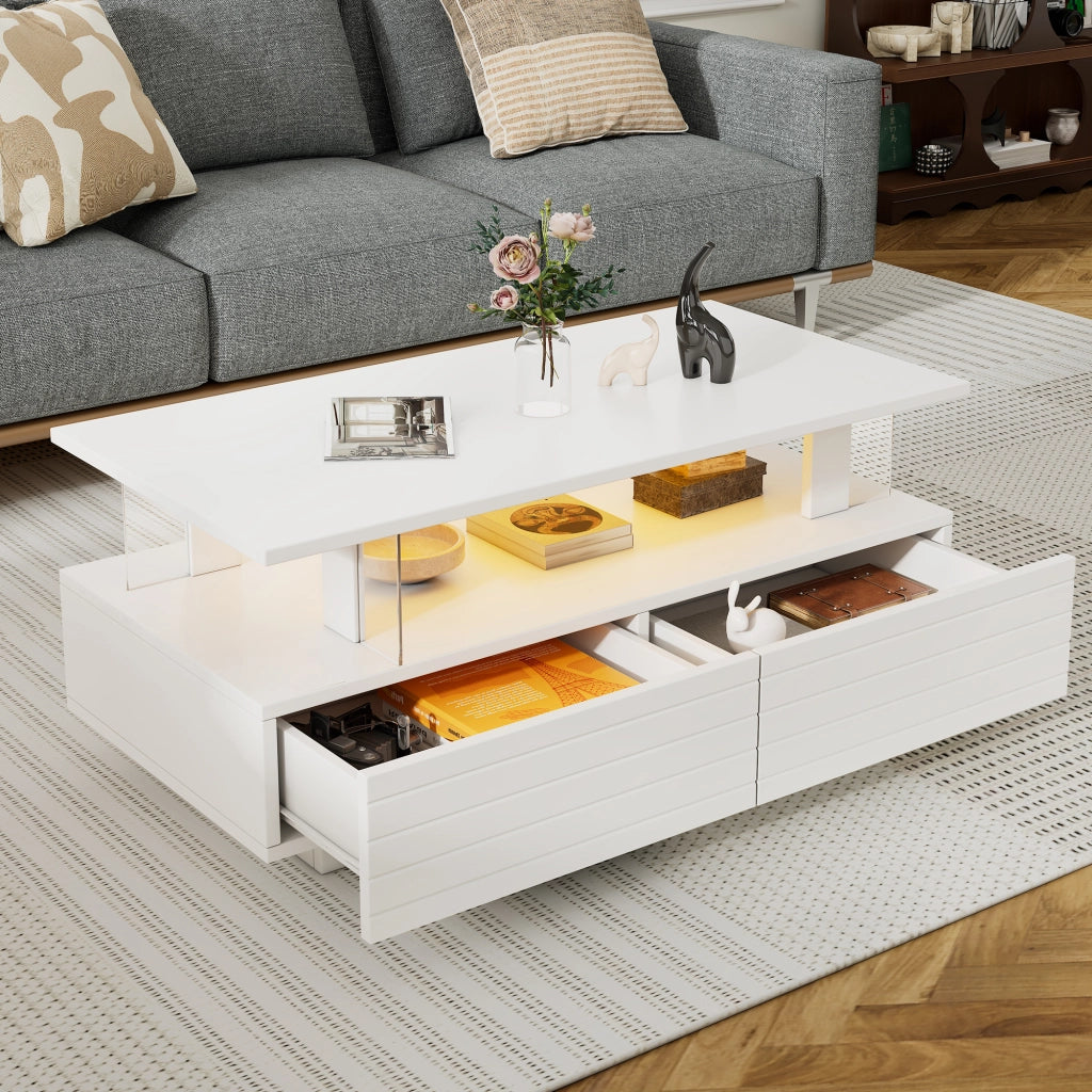 Tavolino da salotto LED con 2 cassetti e ripiano aperto, controllo con app e telecomando, bianco, 100 × 50 × 42 cm