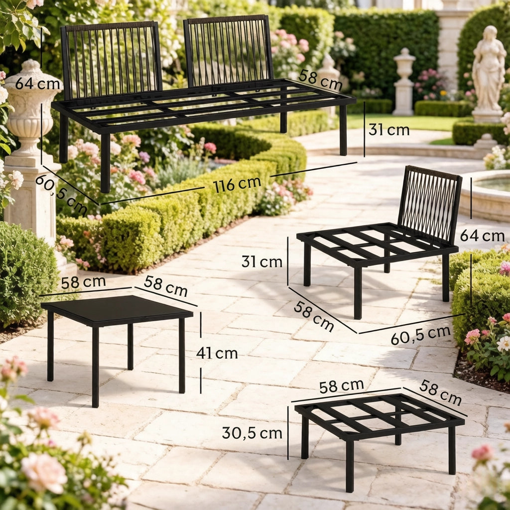 Set lounge da giardino modulare da 6 pezzi con divano a 2 posti, poltrona angolare, tavolino e cuscini