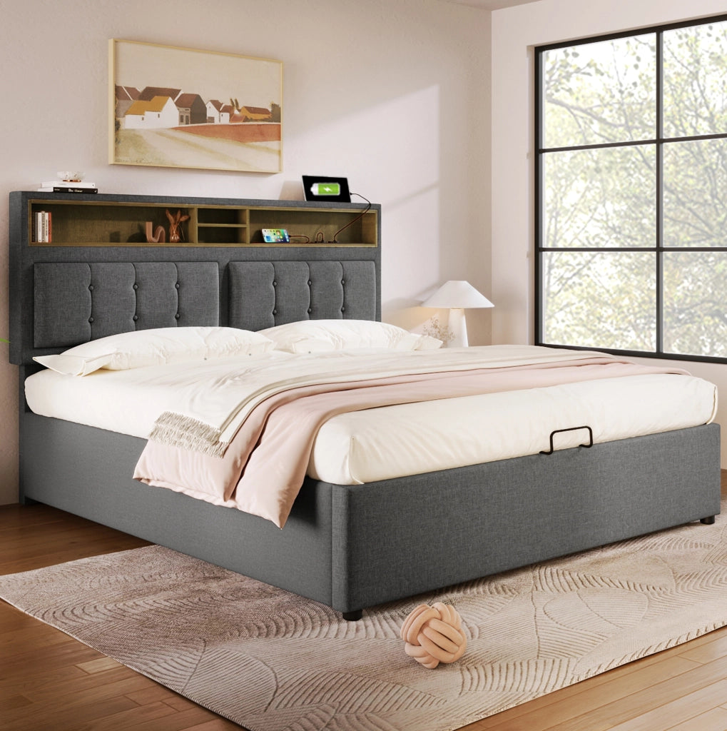Letto imbottito 140x200 con testiera regolabile, USB e contenitore