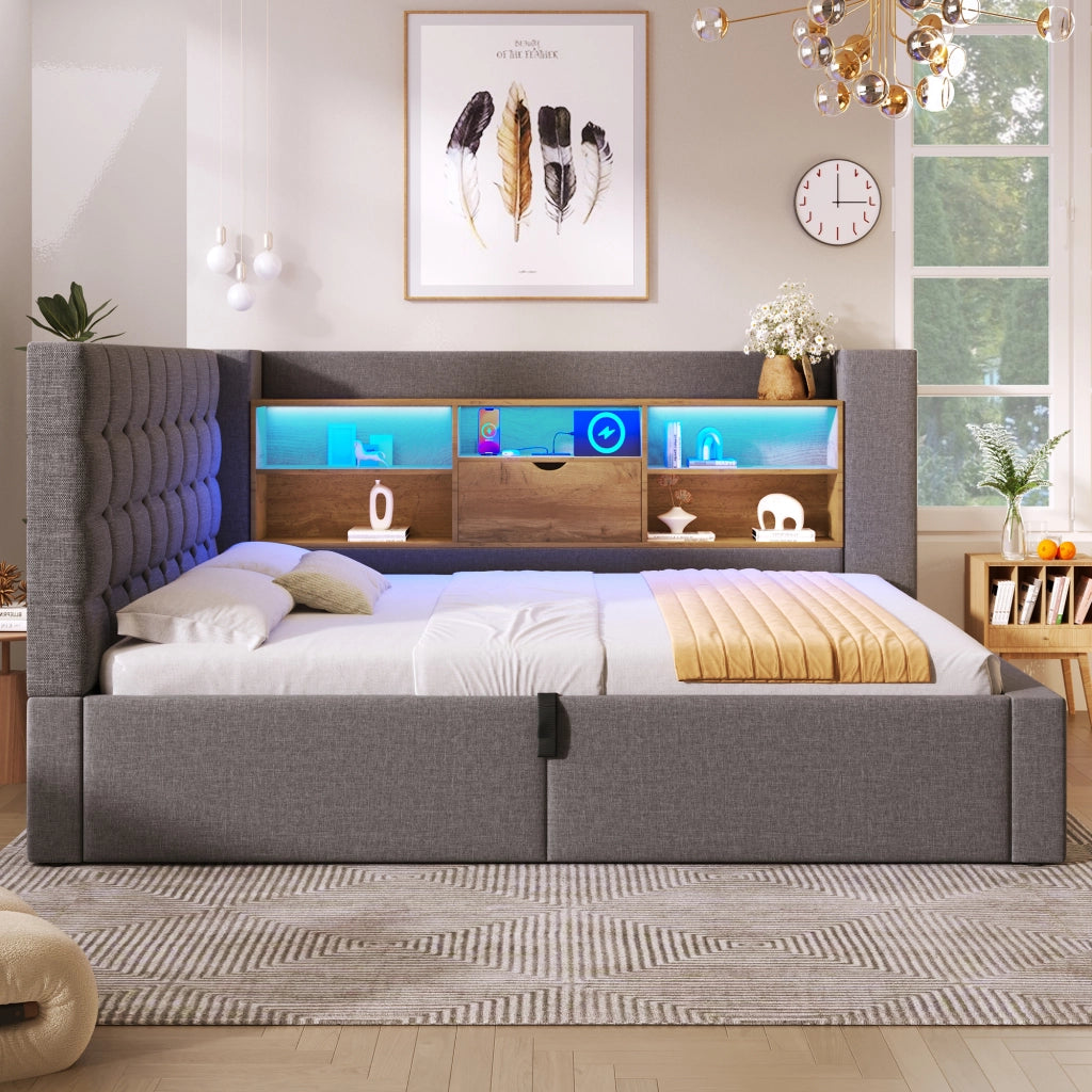 Letto Imbottito Singolo con LED e Contenitore Idraulico ¨C MINIMAL ¨C Testiera L, Tessuto Grigio, 90x200