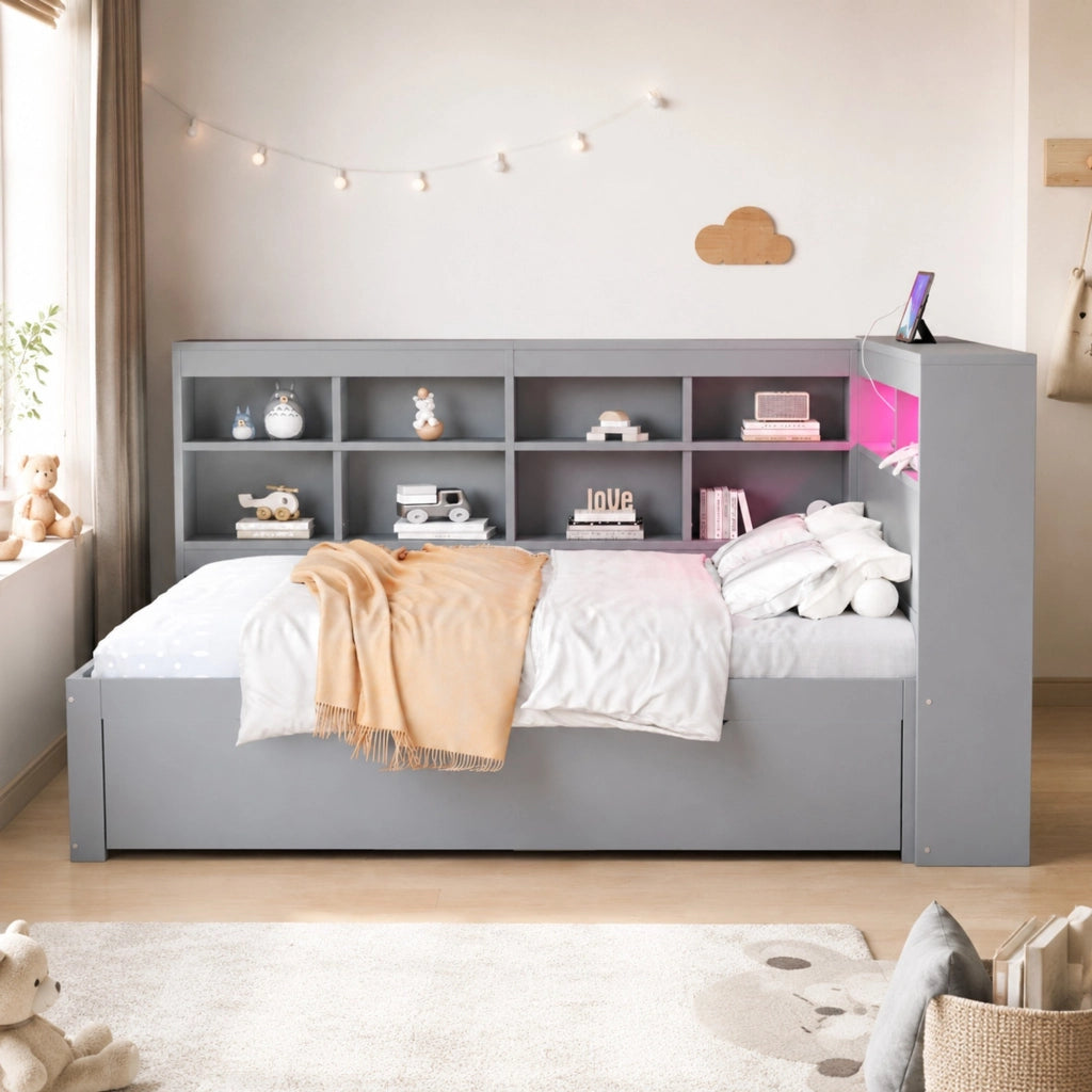 Letto matrimoniale 140 × 200 cm con cassetti LED cangianti e presa USB in legno grigio con vani laterali