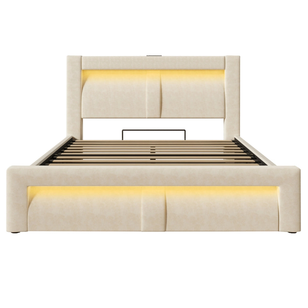 Letto matrimoniale 160x200 cm con contenitore, LED e porte USB