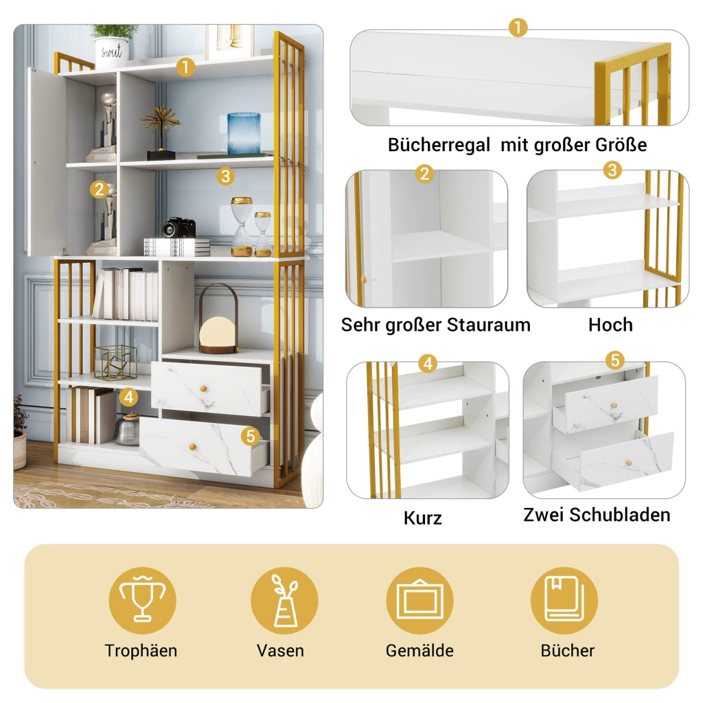 Libreria con ripiani aperti cassetti e vani chiusi in pannello di particelle bianco e oro