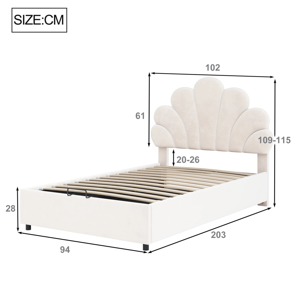Letto singolo con contenitore 90 × 200 cm imbottito in velluto beige con testiera floreale e rete a doghe