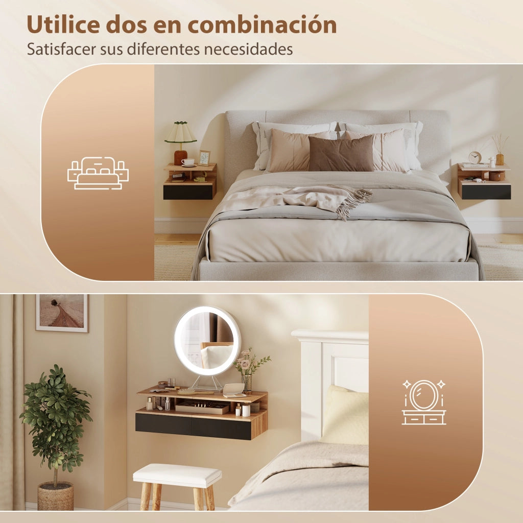 Comodino sospeso con cassetto da parete ¨C Xylo ¨C Rovere e nero 35x32x22,5 cm