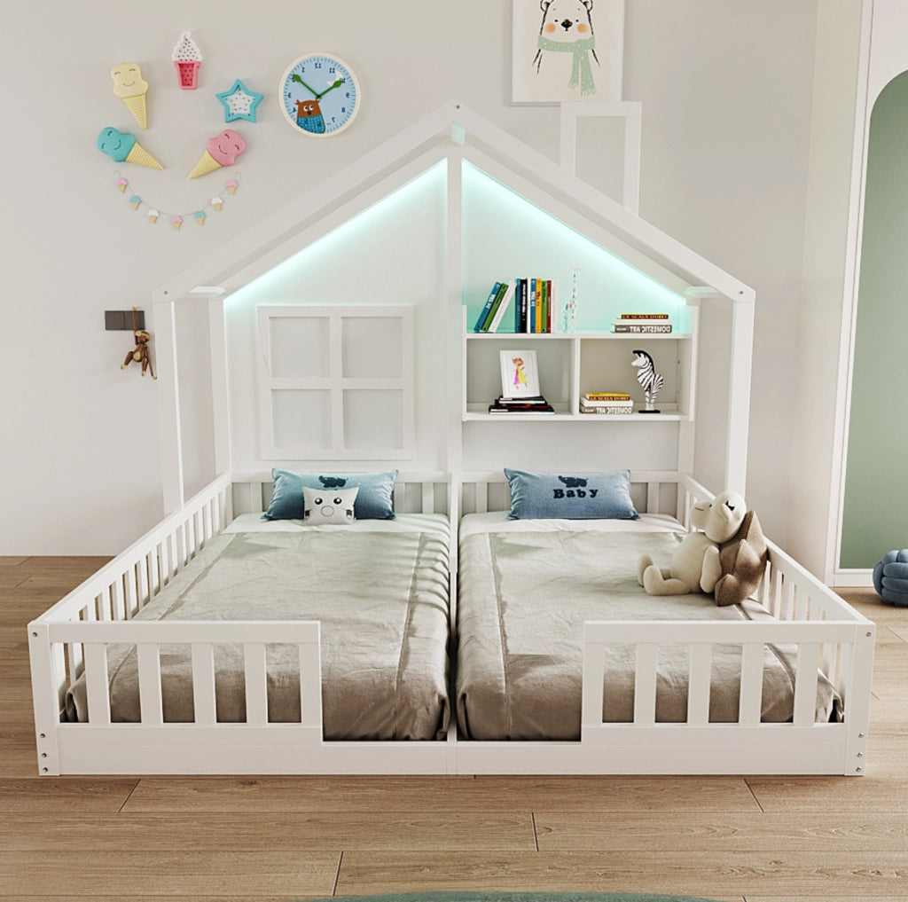 Letto doppio per bambini 2x90x200 cm con LED, ripiani e struttura in legno bianco