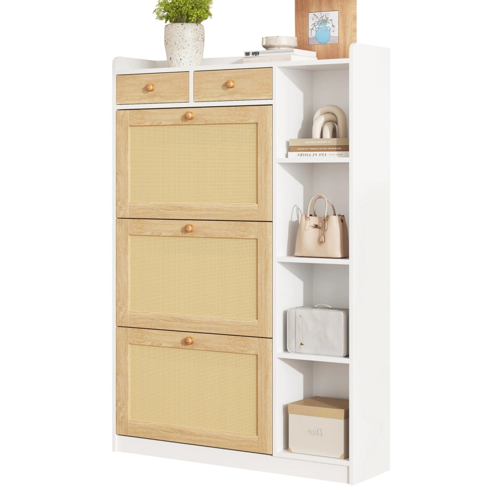 SCARPIERA 3 Ribalte in Rattan 90x24x130 cm Bianco Naturale con 2 Cassetti