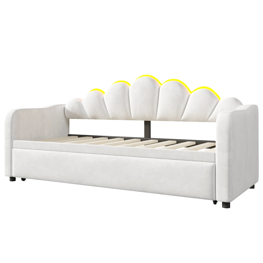 Letto estraibile 90 x 200 cm con LED, divano letto imbottito con posto letto sollevabile o a terra e reti incluse, bianco, per camera moderna