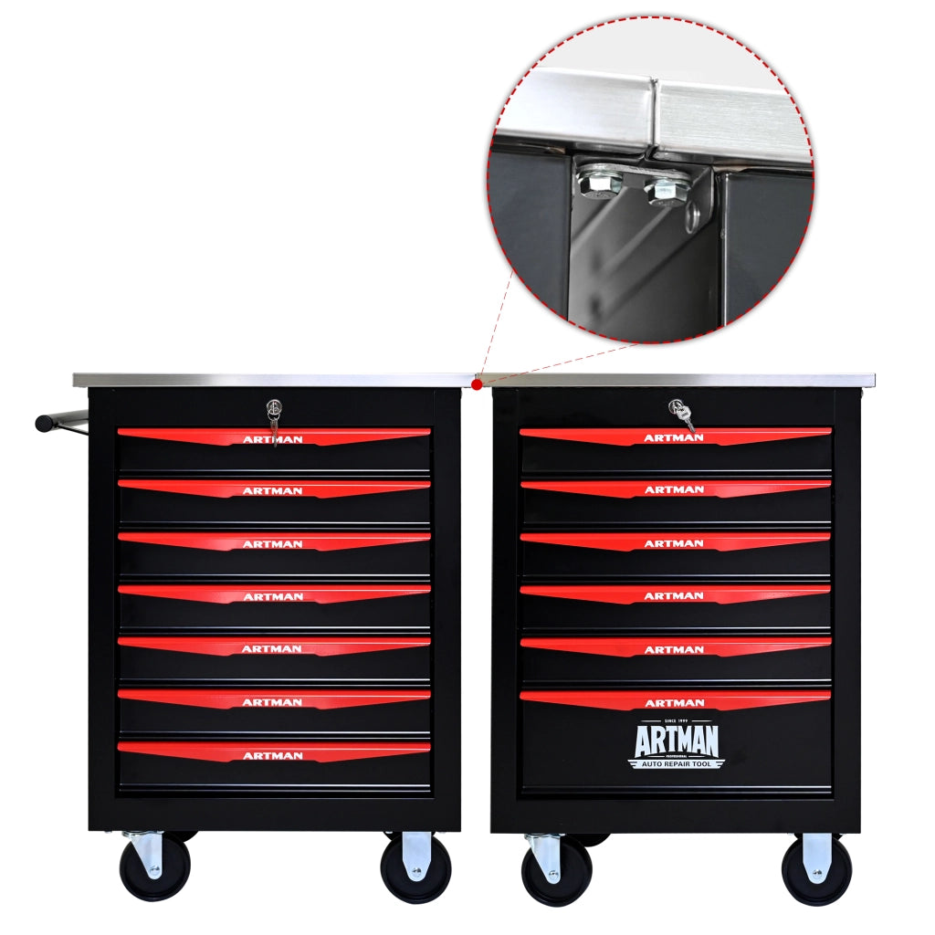 Carrello portautensili con 7 cassetti chiudibile a chiave in acciaio con ruote nero e rosso 62.5 × 34.5 × 78 cm