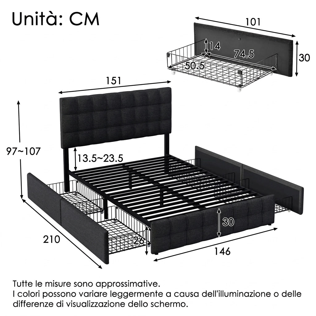 Letto imbottito 140x200 nero con 4 cassetti; testiera regolabile e rete a doghe; in lino