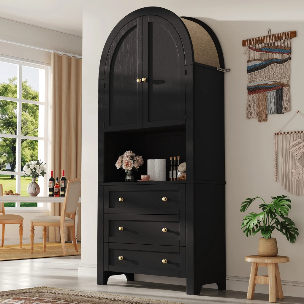 Mobile alto ad arco con cassetti e ante, nero, con zona espositiva aperta, per cucina e soggiorno