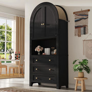 Mobile alto ad arco con cassetti e ante, nero, con zona espositiva aperta, per cucina e soggiorno
