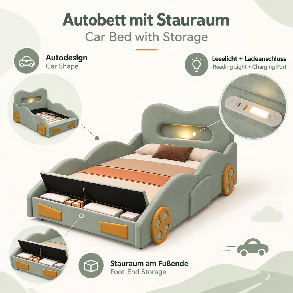Letto a macchina per bambini 90 x 200 cm; velluto verde; luce da lettura e contenitore