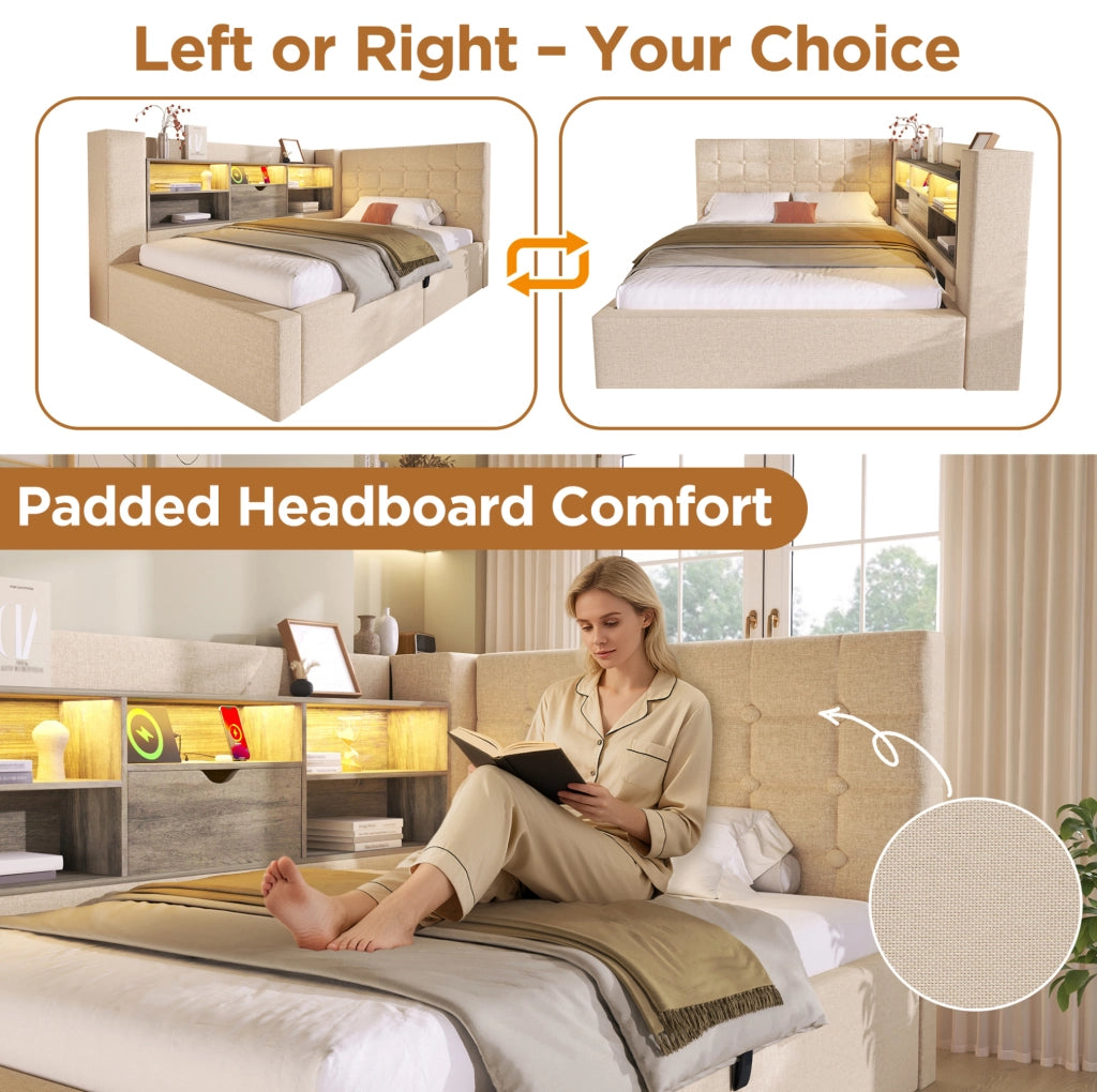 Letto Polsterato 140x200 cm con Illuminazione LED, Contenitore Idraulico e Testiera a L Montabile a Destra o Sinistra, Tessuto in Lino Beige (Senza Materasso)
