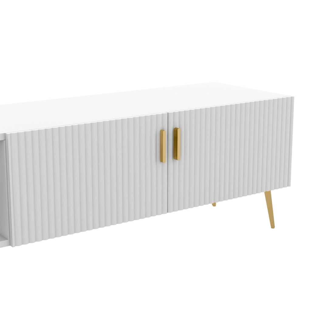 Mobile porta TV bianco in MDF con 2 cassetti e vani aperti, moderno e capiente