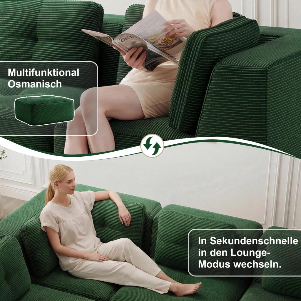 Divano angolare modulare 3 posti con chaise longue braccioli larghi e base antiscivolo in velluto a coste verde