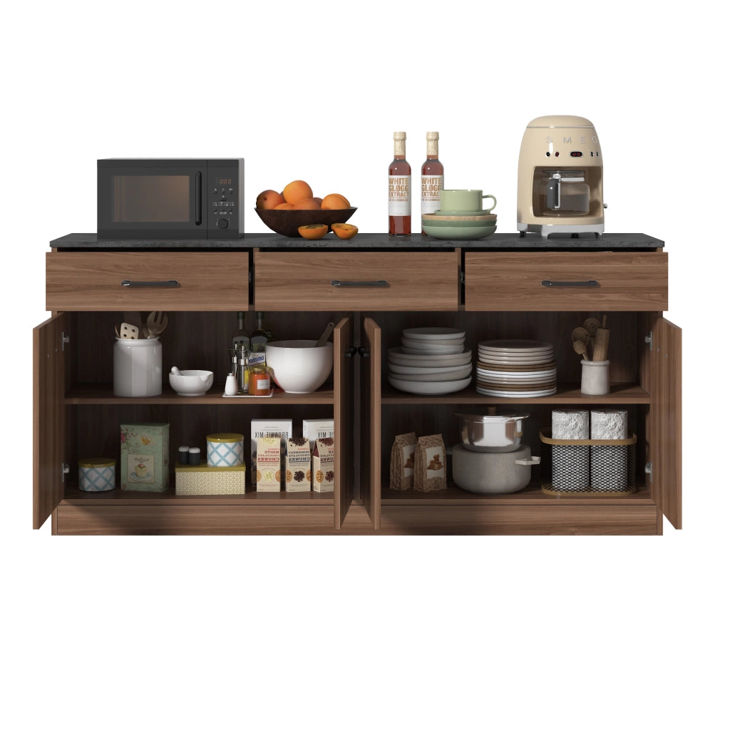 Madia da cucina con 3 cassetti e 2 vani con ripiani regolabili per cucina e soggiorno; in MDF; 160×37×76.5 cm; noce