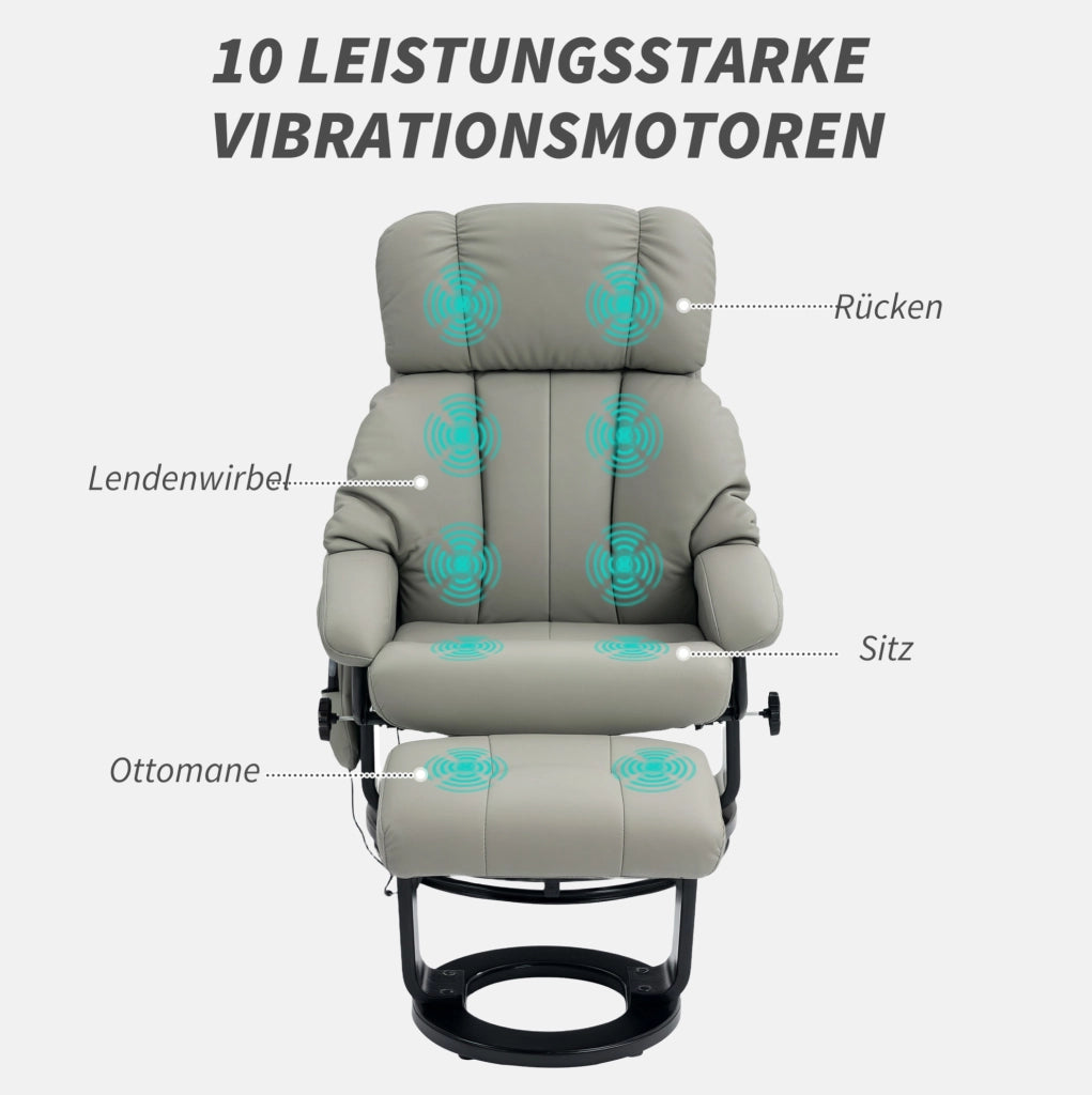 Poltrona relax con poggiapiedi, reclinabile con funzione massaggio e telecomando, ecopelle grigia
