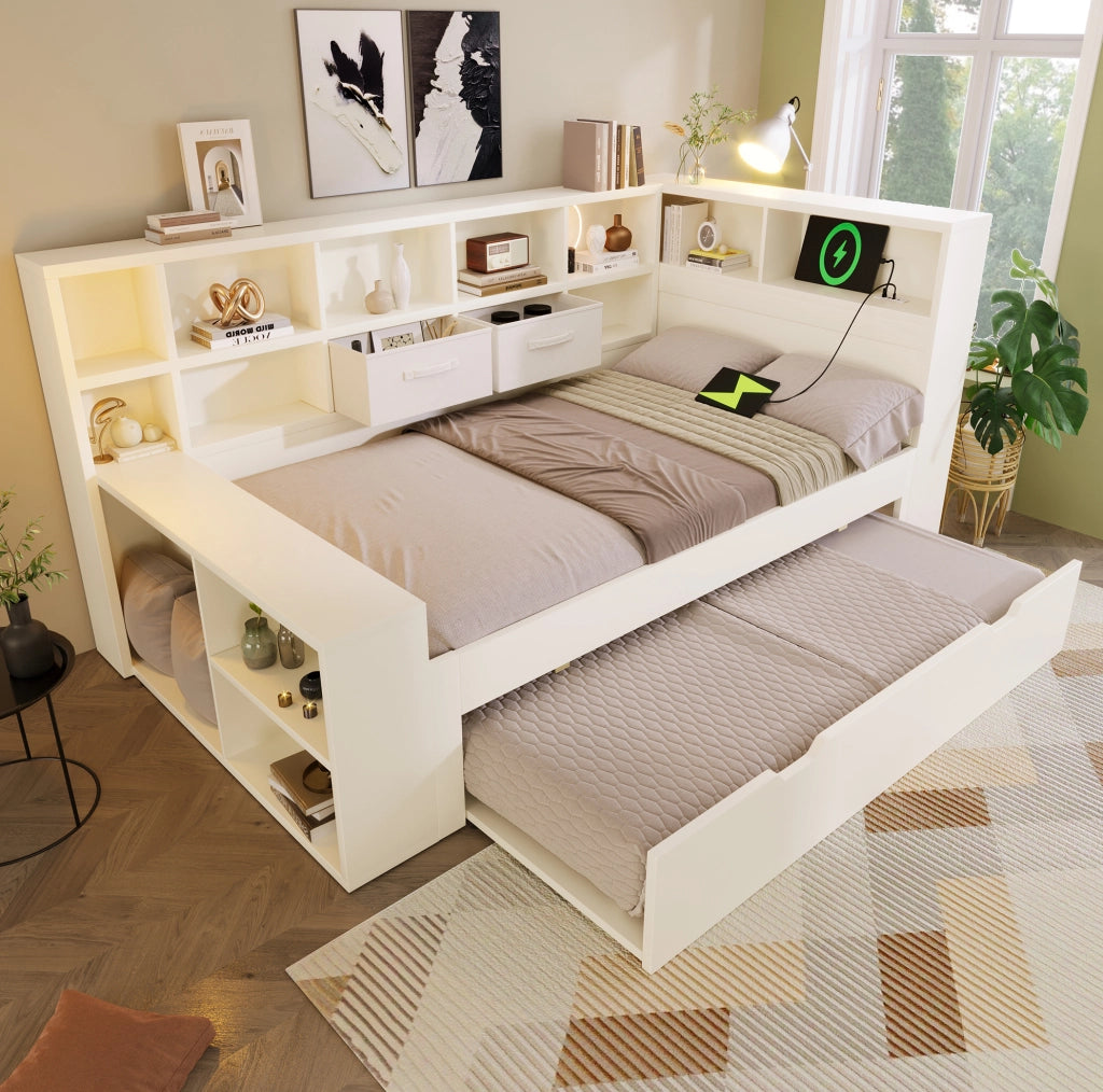 Letto singolo 90x190 cm bianco in legno con letto estraibile; ripiani su tre lati e porte USB/Type-C