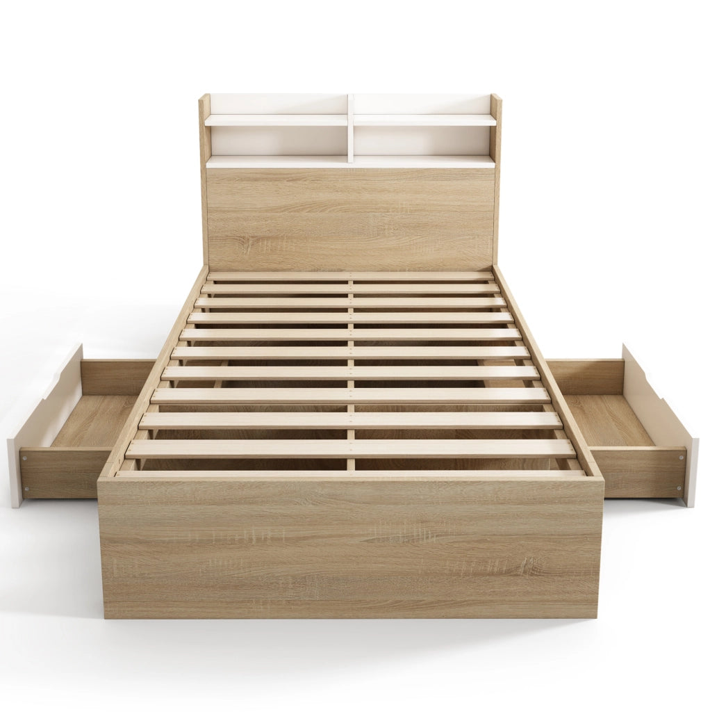 Letto 90x190 cm con ripiani testiera e 2 cassetti in legno bianco e rovere