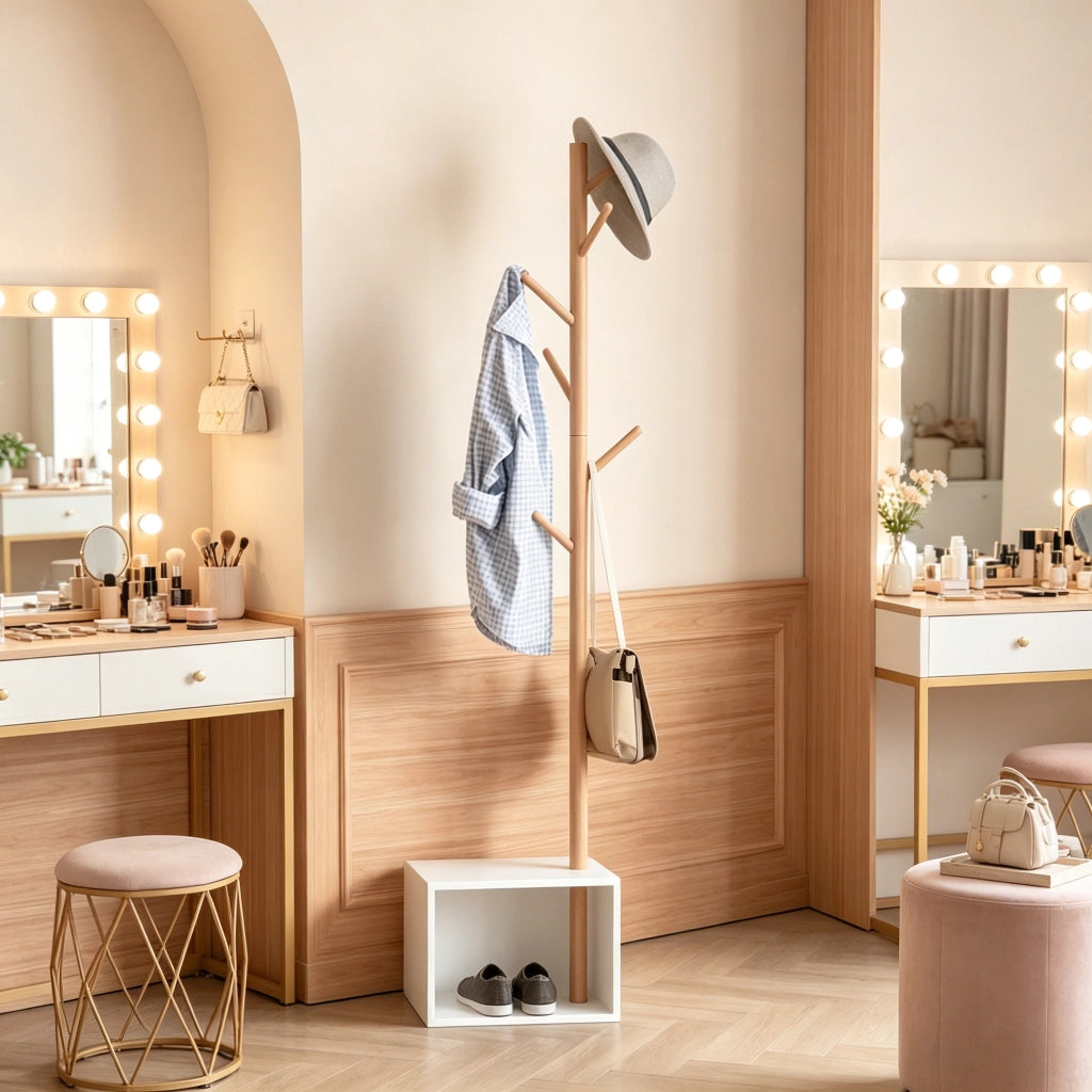 Mobile da ingresso appendiabiti con 6 ganci e vano contenitore, bianco e bambù, in MDF e legno, 40 × 30 × 180 cm