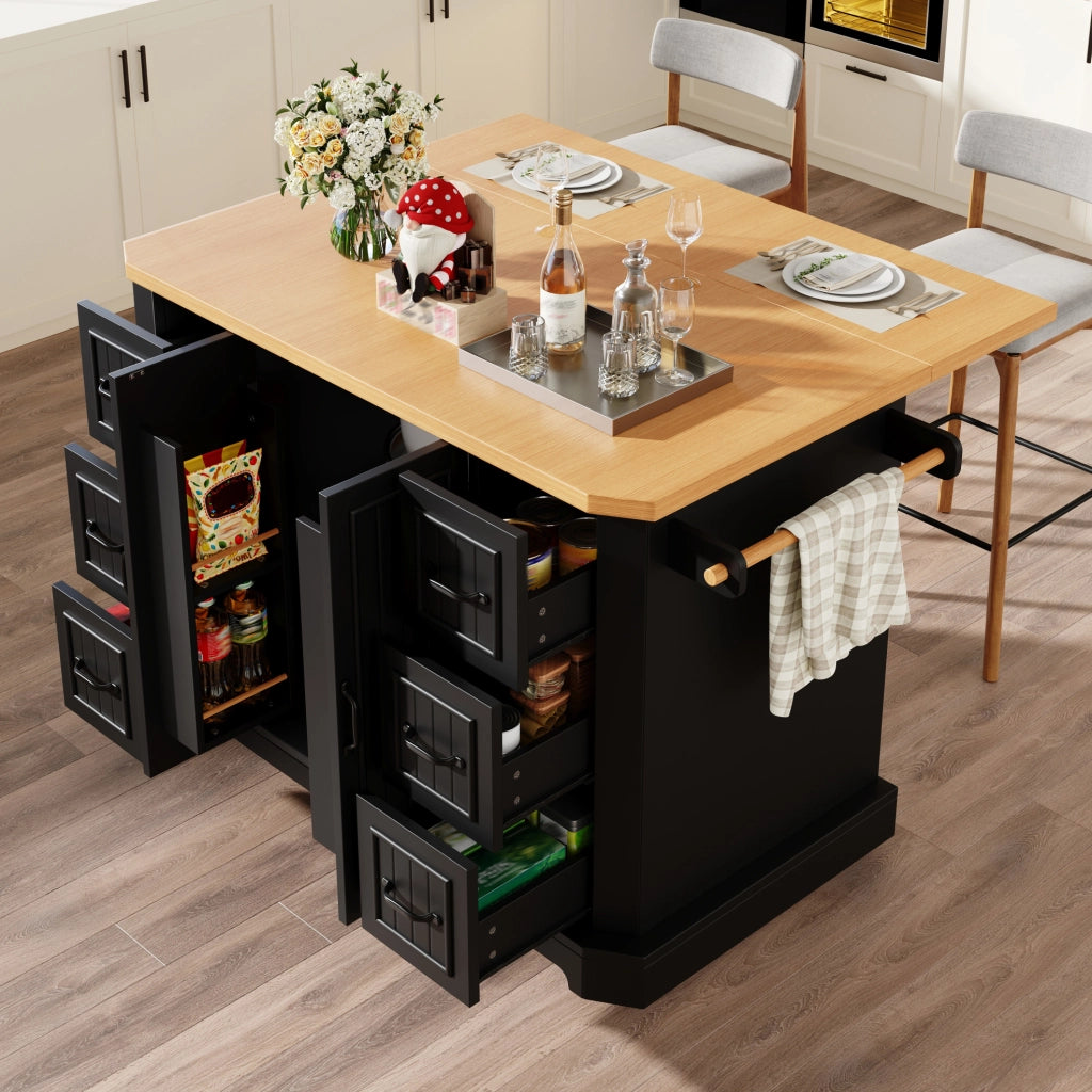 Isola cucina mobile 120x45x91 cm con 2 ante e 6 cassetti nera HOMVRA