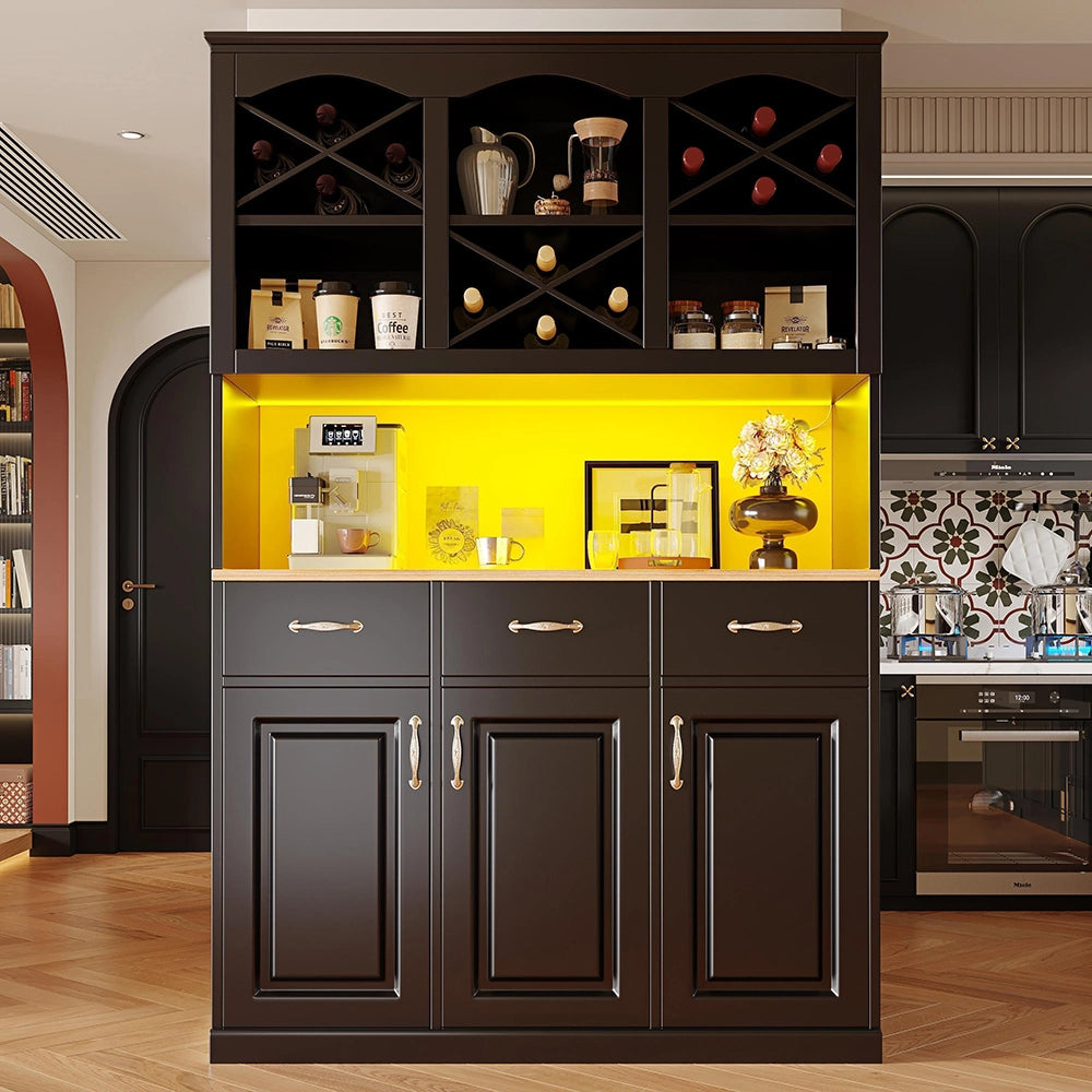 Credenza Cucina Alta 120x40x180cm - Xylo - 3 Ante, 3 Cassetti e Luci LED, Nero
