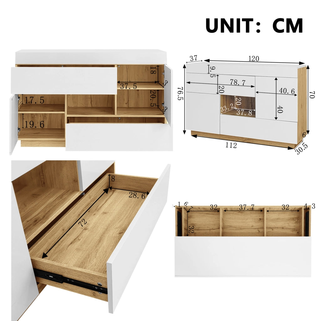 Credenza 120x76,5x37 cm con LED 16 colori, 2 cassetti e 2 ante bianca