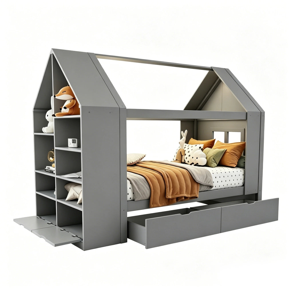 Letto a casetta 90x200 cm grigio con LED, cassetti e vani portaoggetti